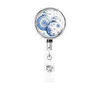 Porta badge retrattile in metallo, con due ornamenti natalizi blu e bianchi, porta badge rotante per badge, portachiavi, per infermiere, dottori, insegnanti, ufficio