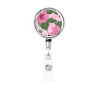 Porta badge retrattile in metallo, con ibisco rosa, foglie verdi, porta badge rotante per tesserino d'identità, portachiavi, per infermiere, dottori, insegnanti, ufficio