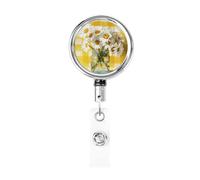 Porta badge retrattile in metallo, con margherite bianche nel vaso, porta badge rotante per carta d'identità, portachiavi per infermiere, dottori, insegnanti e ufficio