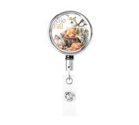 Porta badge retrattile in metallo, con scritta "Happy Fall Orange Pumpkin Bird Vines, porta badge rotante per carta d'identità, portachiavi, per infermiere, dottori, insegnanti, ufficio