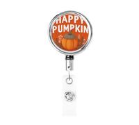 Porta badge retrattile in metallo, con scritta "Happy Pumpkin Fall Ghiand" arancione porta badge rotante per carta d'identità da appendere portachiavi per infermieri, medici, insegnanti, ufficio
