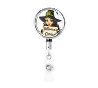 Porta badge retrattile in metallo, con scritta "Witch Holding Sign Halloween is coming", porta badge rotante da appendere per infermieri, medici, insegnanti, ufficio