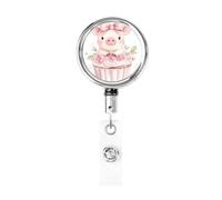 Porta badge retrattile in metallo, con simpatico maialino e nastro rosa, porta badge rotante per carta d'identità, portachiavi, per infermiere, dottori, insegnanti, ufficio