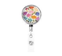 Porta badge retrattile in metallo, con stampa a blocchi di fiori retrò, rosa e rosso, porta badge rotante da appendere per infermieri, medici, insegnanti, ufficio