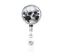 Porta badge retrattile in metallo, con teschio di Halloween ad acquerello con rose nere, porta badge rotante per carta d'identità, portachiavi per infermiere, dottori, insegnanti, ufficio
