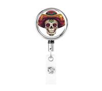 Porta badge retrattile in metallo, con teschio in cappello messicano, porta badge rotante per carta d'identità, portachiavi, per infermiere, dottori, insegnanti, ufficio
