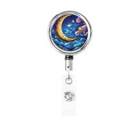 Porta badge retrattile in metallo, luna e stella nel cielo, porta badge rotante per appendere carta d'identità, portachiavi per infermiere, dottori, insegnanti, ufficio