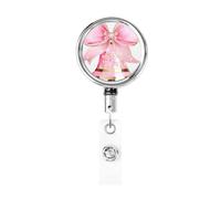 Porta badge retrattile in metallo, rosa con campanella natalizia con fiocco, porta badge ad acquerello, girevole, portachiavi da appendere per infermiere, dottori, insegnanti, ufficio