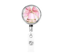 Porta badge retrattile in metallo, rosa con campanella natalizia con fiocco, porta badge rotante per carta d'identità, portachiavi per infermiere, dottori, insegnanti, ufficio