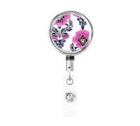 Porta badge retrattile in metallo, rosa fluo, viole del pensiero tradizionale, porta badge per carta d'identità girevole, portachiavi per infermiere, dottori, insegnanti, ufficio