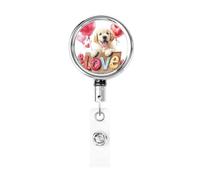 Porta badge retrattile in metallo, simpatico cucciolo felice che tiene il cartello in legno con porta badge rotante per carta d'identità da appendere portachiavi per infermiere, medici, insegnanti