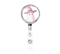 Porta badge retrattile in metallo, simpatico fantasma che indossa cappello da strega rosa, porta badge rotante per carta d'identità, portachiavi per infermiere, dottori, insegnanti, ufficio
