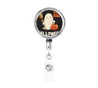 Porta badge retrattile in metallo, stile vintage, con fantasma di Halloween, scopa e zucca, porta badge rotante per carta d'identità, portachiavi per infermieri, medici, insegnanti, ufficio