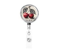 Porta badge retrattile in metallo, vintage, con due ciliegie rosse brillanti, porta badge rotante per tesserino d'identità, portachiavi per infermiere, dottori, insegnanti, ufficio