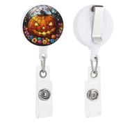 Porta badge retrattile in vetro colorato a forma di zucca sorridente, con bobina e clip, per dottore, infermiera, studente, impiegato