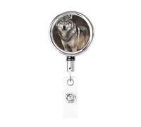 Porta badge retrattile resistente con portachiavi, clip per badge infermiera, stampa con lupo grigio selvatico, carino clip per badge identificativo, per impiegati, medici, infermieri