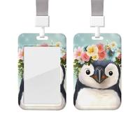 Porta badge scorrevole con cordino, custodia protettiva in plastica con finestra trasparente, targhetta per carte di credito, pinguino che indossa fiori, porta badge per infermiere, dottori, forniture