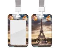 Porta badge scorrevole con cordino, custodia protettiva in plastica con finestra trasparente, targhetta per carte di credito e carte di credito, porta badge romantico Parigi Torre Eiffel, per