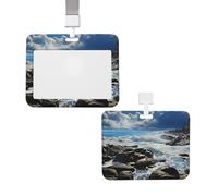 Porta badge scorrevole con cordino, custodia protettiva per carte con finestra trasparente, badge verticale per carta di credito, targhetta con nome, oceano che si riversa sulle rocce costiere, porta