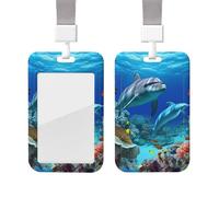 Porta badge scorrevole con cordino in plastica per carte di credito con finestra trasparente per carte di credito e nome fondale marino corallo pesce delfini porta badge per infermiere medico