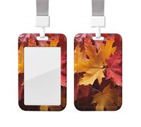 Porta badge scorrevole con cordino, porta badge verticale in plastica con targhetta identificativa, motivo foglie autunnali rosse e gialle, custodia protettiva con finestra trasparente per badge di fu