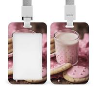 Porta badge scorrevole con scritta "Hot Milk and Biscuits", porta badge con cordino, porta badge con targhetta identificativa