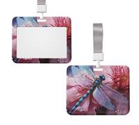 Porta badge scorrevole in plastica orizzontale per badge identificativo da lavoro fiore blu libellula porta badge con finestra trasparente per carta d'identità ufficio carta d'identità carta di