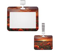 Porta badge scorrevole in plastica orizzontale per ufficio, campo di fiori di papaveri rossi al tramonto, custodia per carte di identità di lavoro, per patenti di guida, infermiere, pass