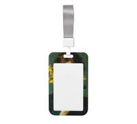 Porta badge scorrevole in plastica rigida con fiori di mimosa gialla con donna che tiene il nome, per infermieri e ufficio