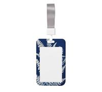 Porta badge scorrevole in plastica rigida con foglie di felce bianche, blu scuro, per infermieri e ufficio