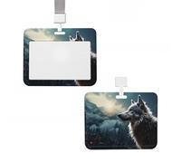 Porta badge scorrevole verticale in plastica rigida con lupo di notte, porta badge impermeabile con cordino portachiavi per ufficio, infermiera, dottore, insegnante