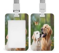 Porta badge trasparente con cane dorato con farfalla con cordino rimovibile, custodia verticale in plastica rigida per proteggere carte d'identità da lavoro e carte di credito per ufficio fabbrica