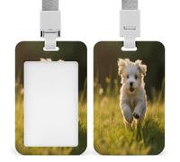 Porta badge trasparente con cucciolo che attraversa l'erba, con cordino rimovibile, custodia verticale in plastica rigida per proteggere carte d'identità e carte di credito per ufficio fabbrica