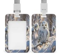 Porta badge trasparente con gufo bianco invernale con cordino staccabile Custodia verticale in plastica rigida protegge carte d'identità da lavoro e carte di credito per ufficio fabbrica