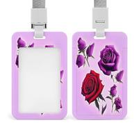 Porta badge trasparente con rose rosse e viola con cordino staccabile, custodia verticale in plastica rigida per proteggere carte d'identità e carte di credito per ufficio fabbrica