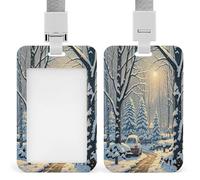 Porta badge trasparente con scena invernale sulla neve con cordino rimovibile, custodia verticale in plastica rigida per proteggere carte d'identità di lavoro e carte di credito per ufficio fabbrica