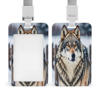 Porta badge trasparente in stile fattoria invernale con lupo con cordino staccabile Custodia verticale in plastica rigida protegge carte d'identità di lavoro e carte di credito per ufficio fabbrica