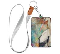 Porta badge verticale con cicogna astratta pittura ad acquerello con cordino e capacità di 3 carte di identità titolare per ufficio Shcool ospedale e patente di guida