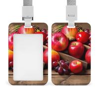 Porta badge verticale con cordino, con motivo frutta su legno, multiuso, per ufficio, insegnanti, infermieri