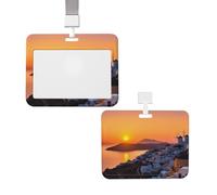 Porta badge verticale con cordino ID Card Case Tag Grecia Island Tramonto Paesaggio Porta badge con finestra trasparente Porta nome per infermiere medico forniture per ufficio