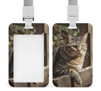 Porta badge verticale con cordino in plastica porta carte d'identità, targhetta con nome, gatto su recinzione in legno, porta badge con finestra trasparente, custodia protettiva per carte d'identità