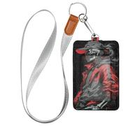 Porta badge verticale con scheletro umano in stile graffiti, in pelle rossa e nera, con cordino e capacità per 3 carte d'identità e porta carte di credito, per ufficio, ospedale e patente di guida