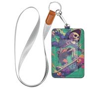 Porta badge verticale in pelle Colorfu con scheletro umano, stile graffiti, con cordino e capacità di 3 carte d'identità, per ufficio, ospedale e patente di guida