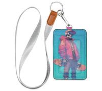 Porta badge verticale in pelle Colorfu con scheletro umano, stile graffiti, con cordino e capacità di 3 carte, per documenti d'identità di ufficio, scuola, chiavi dell'hotel, carte di credito