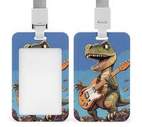 Porta badge verticale professionale con cordino per carte d'identità con dinosauro che suona la chitarra, custodia protettiva per carta d'identità trasparente per ufficio, per infermiere, dottori