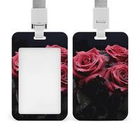 Porta badge verticale professionale con rosa rossa e foglie nere, con cordino, custodia protettiva impermeabile per carta d'identità per ufficio, porta carte d'identità trasparente per infermiere