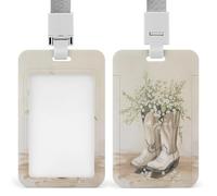 Porta badge vintage color crema a forma di stivali da cowboy, fiori di campo bianchi, clip retrattile, porta carte di credito, nome, targhetta per lavoro, ufficio, dottore, infermiera