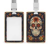 Porta badge vintage con teschio e fiori del giorno dei morti, clip retrattile, porta carte di credito, targhetta per nome, per lavoro, ufficio, dottore, infermiera