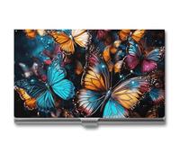 Porta biglietti da visita con farfalle colorate che volano su sfondo nero, porta biglietti da visita sottile in metallo, porta biglietti da visita tascabile per donne o uomini, libretto di biglietti