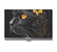 Porta biglietti da visita con gatto nero con occhi gialli e fiori, sottile, in metallo, per carte di credito, per uomini e donne, 9,4 x 5,6 x 0,8 cm, Stile:, Taglia unica